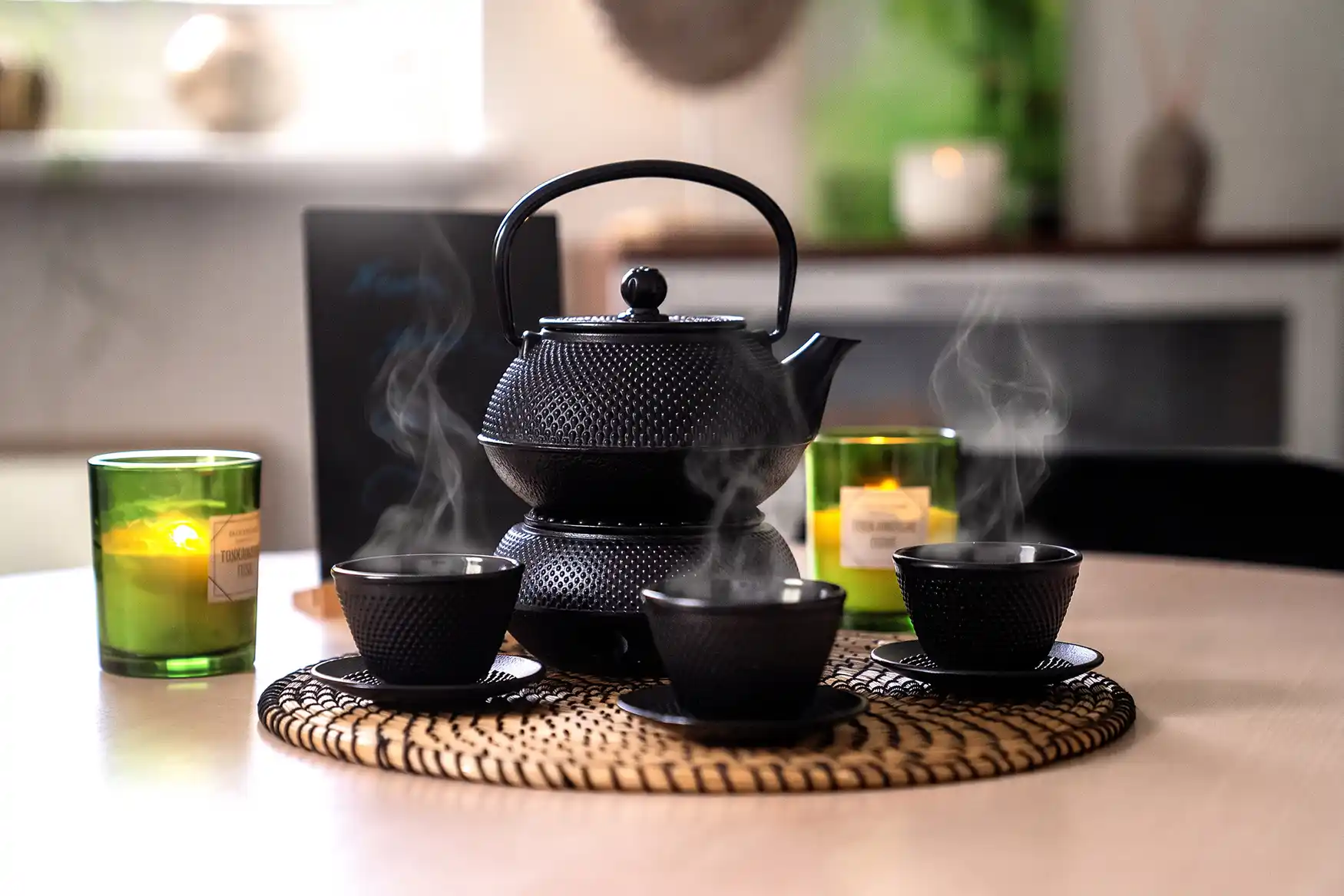Eine dunkle Teeschale auf einer geflochtenen Untersetzer mit dampfendem Tee, begleitet von einer Teekanne und Kerzen für eine gemütliche Atmosphäre.