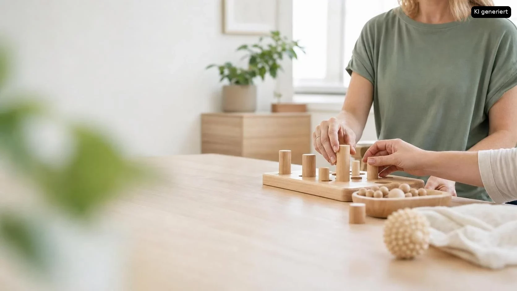Eine Frau spielt mit geometrischen Formen auf einem Holztisch.