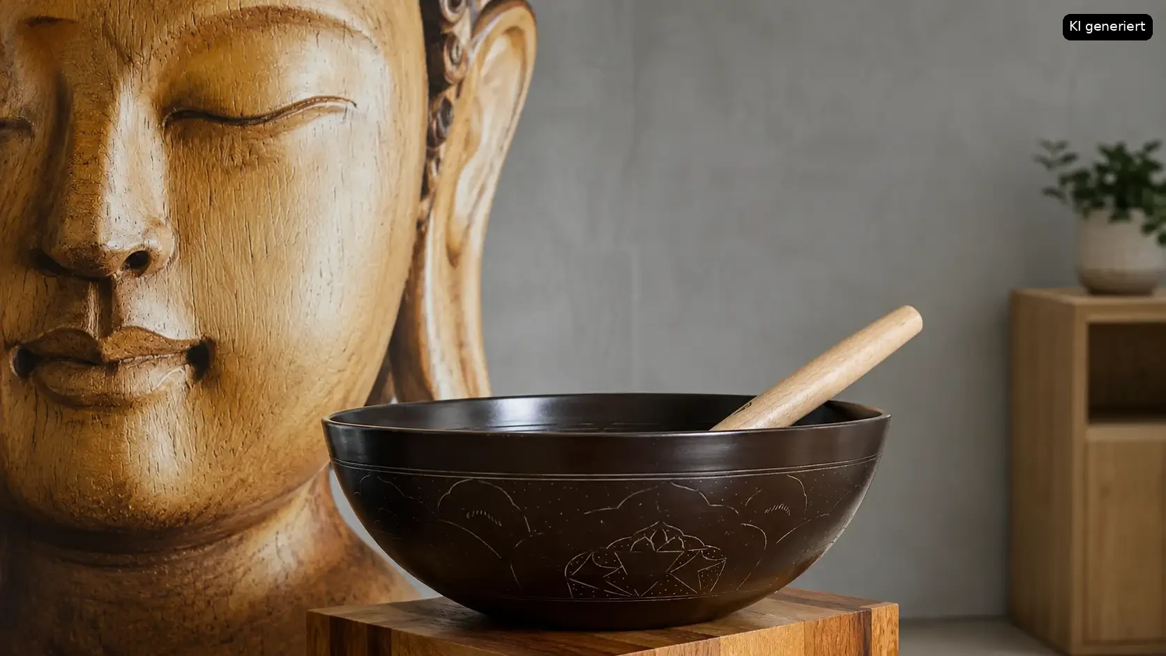 Eine riesige Buddhafigur mit geschlossenen Augen neben einer dunklen Schale mit Gravuren.