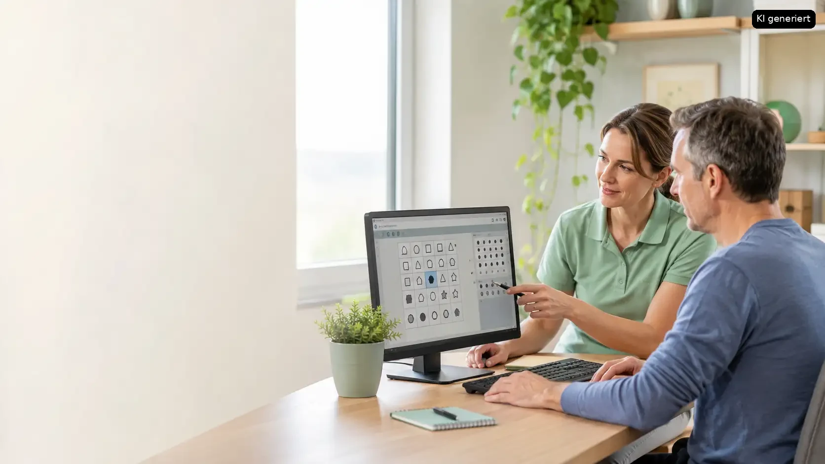 Two office workers discuss a project at their workstation in a modern office space.