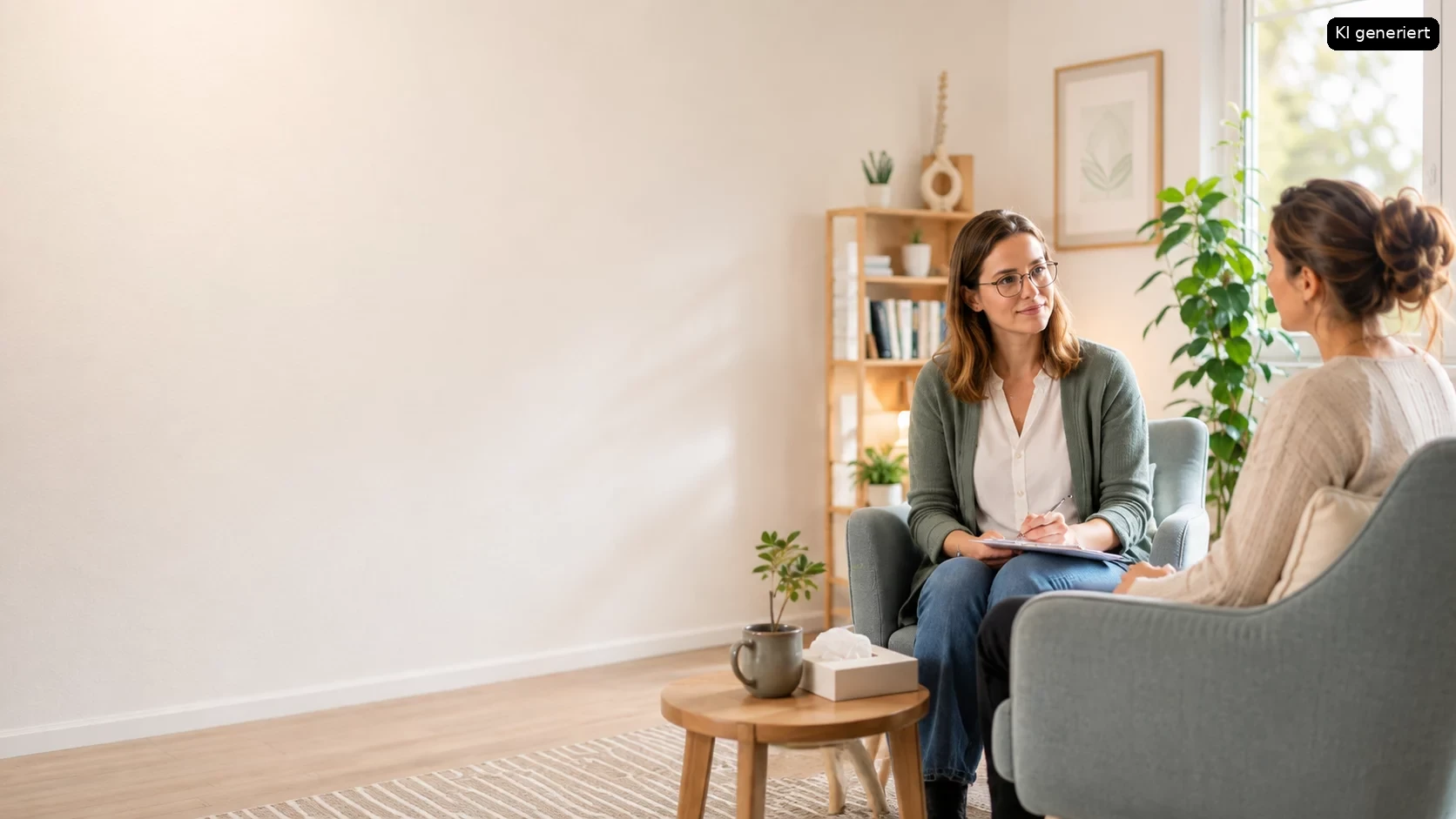 Zwei Frauen sitzen in einem hellen Zimmer und sprechen miteinander, was eine therapeutische Sitzung andeutet.